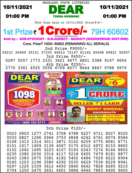 Lottery Sambad 1 PM result 10 Nov 2021