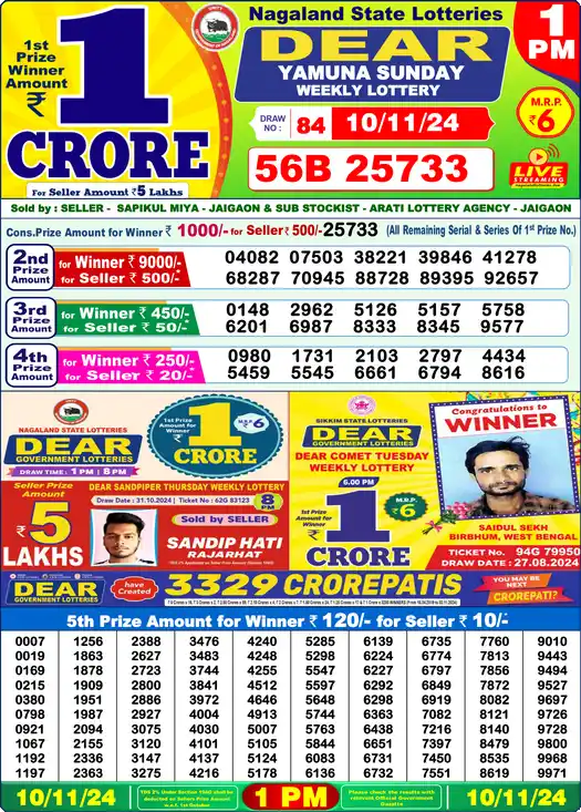 Lottery Sambad 1 PM result 10 Nov 2024