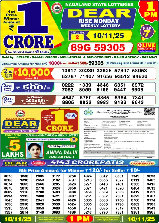 Lottery Sambad 1 PM result 10 Nov 2025