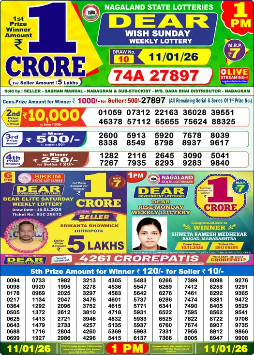 Lottery Sambad 1 PM result 11 Jan 2026