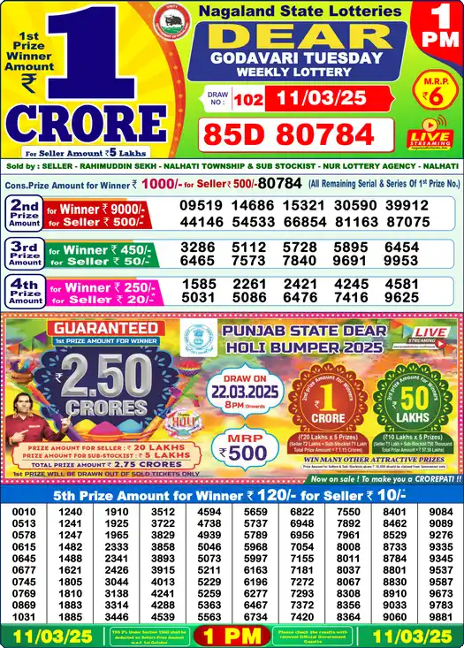 Lottery Sambad 1 PM result 11 Mar 2025