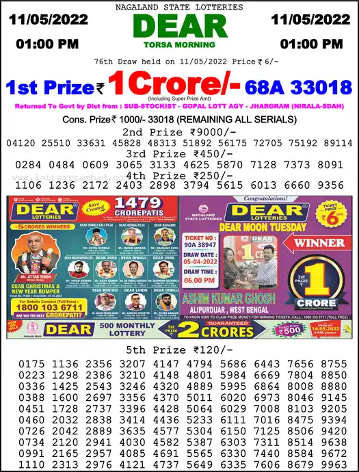 Lottery Sambad 1 PM result 11 May 2022