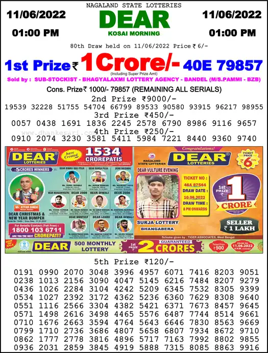 Lottery Sambad 1 PM result 11 Jun 2022