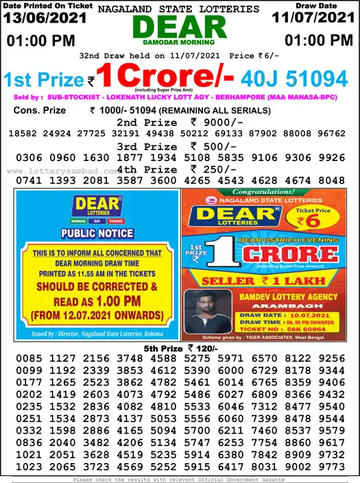 Lottery Sambad 1 PM result 11 Jul 2021