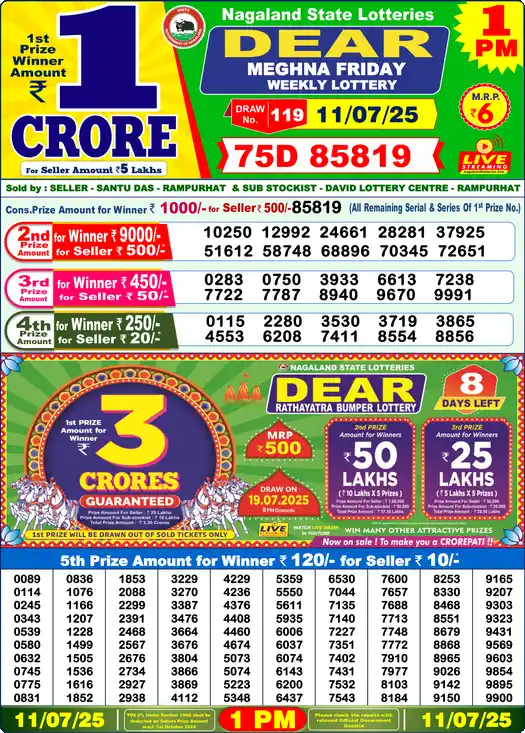 Lottery Sambad 1 PM result 11 Jul 2025