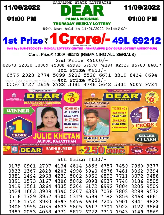 Lottery Sambad 1 PM result 11 Aug 2022