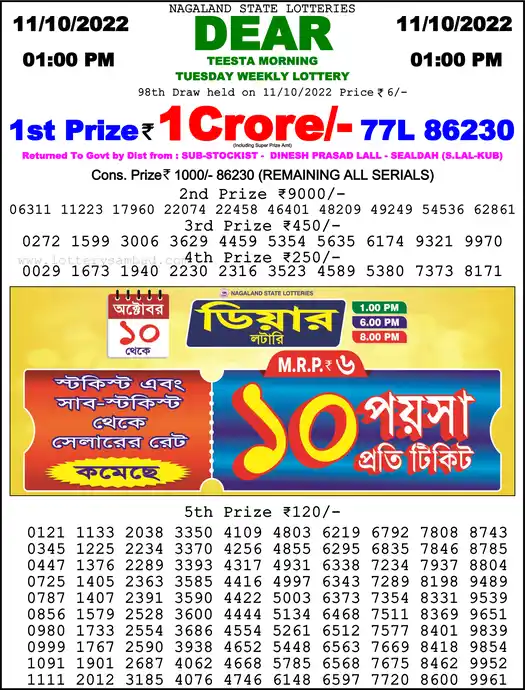 Lottery Sambad 1 PM result 11 Oct 2022