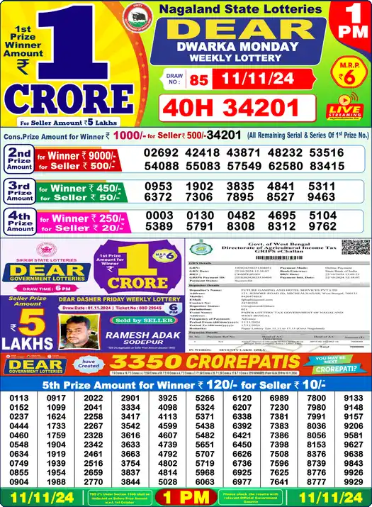 Lottery Sambad 1 PM result 11 Nov 2024