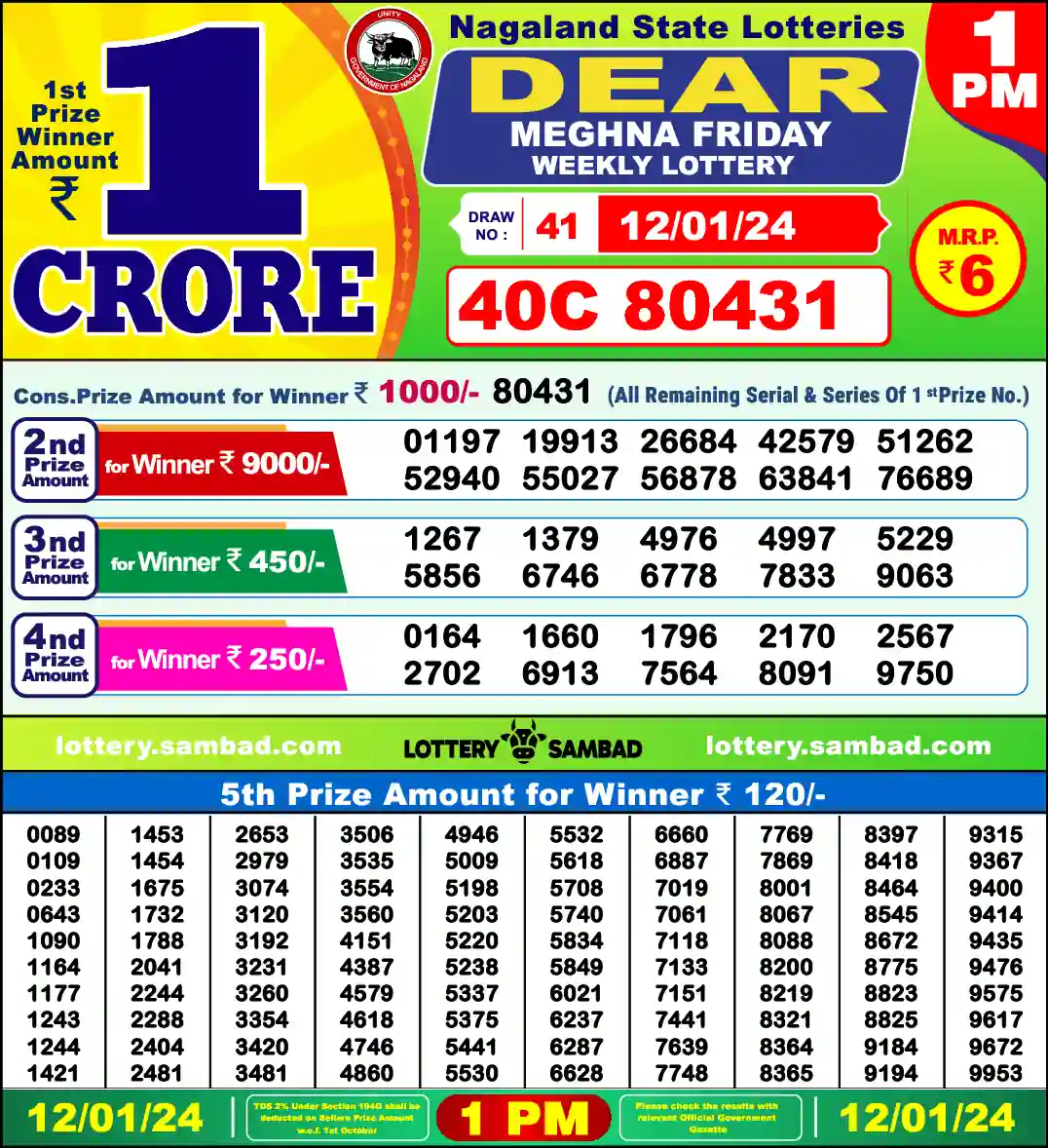 Lottery Sambad 1 PM result 12 Jan 2024