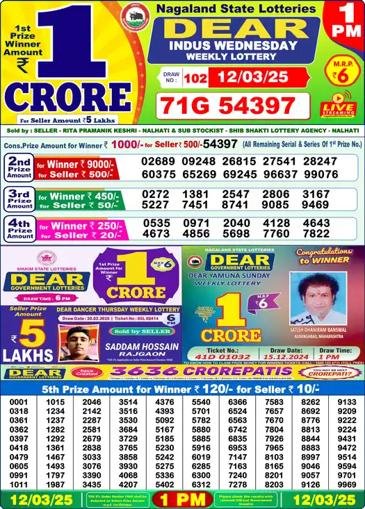 Lottery Sambad 1 PM result 12 Mar 2025