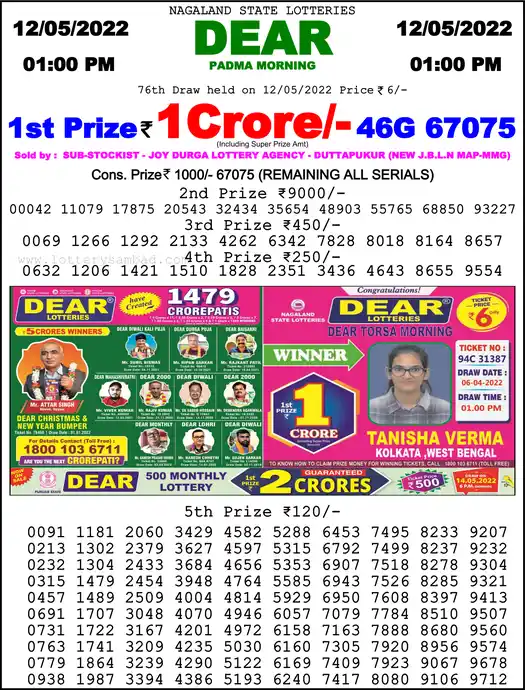 Lottery Sambad 1 PM result 12 May 2022