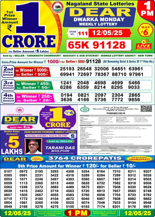Lottery Sambad 1 PM result 12 May 2025