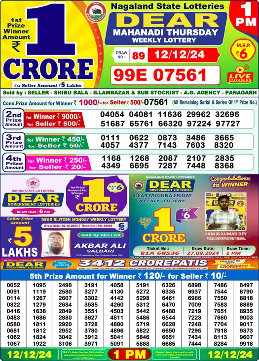 Lottery Sambad 1 PM result 12 Dec 2024
