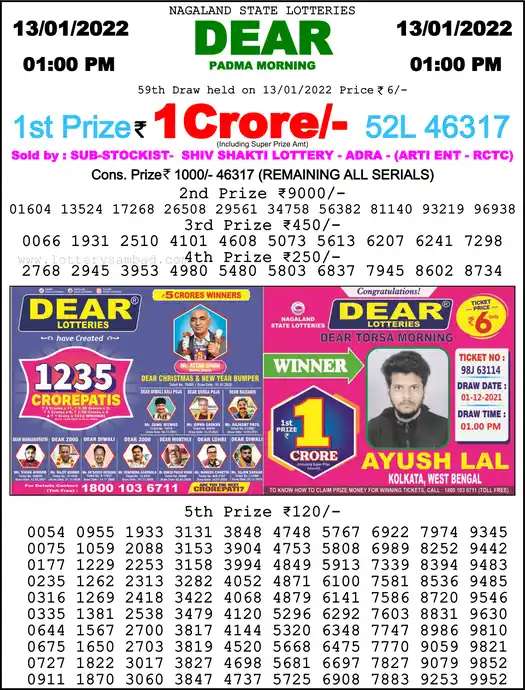Lottery Sambad 1 PM result 13 Jan 2022