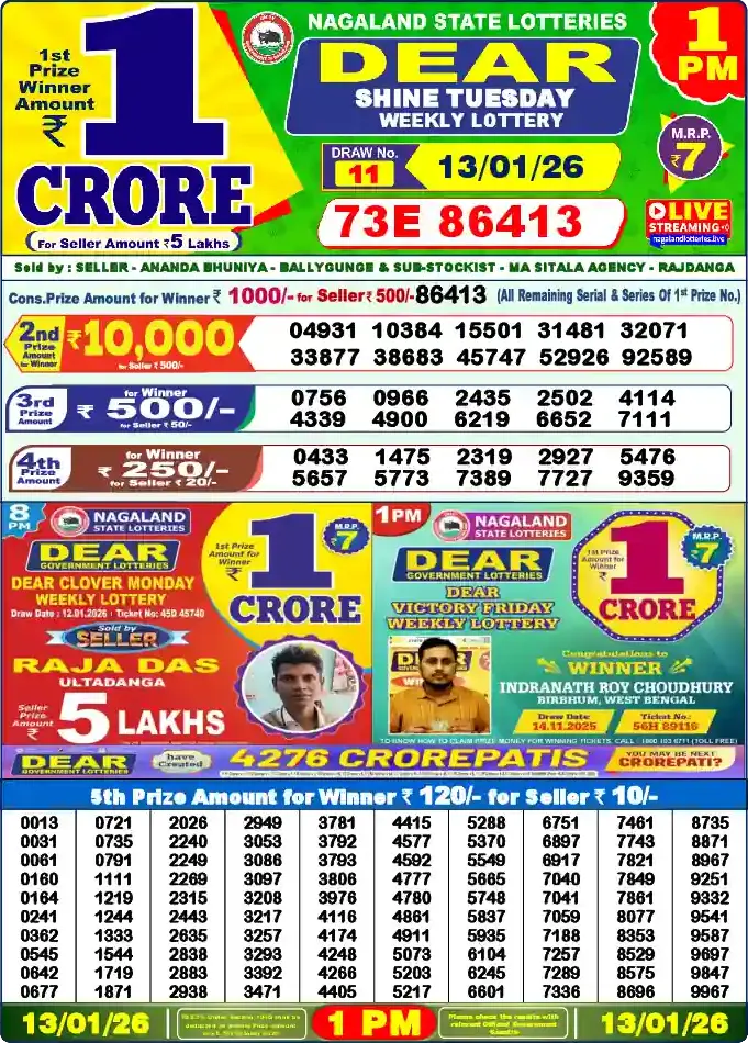Lottery Sambad 1 PM result 13 Jan 2026