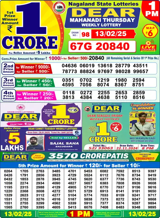 Lottery Sambad 1 PM result 13 Feb 2025