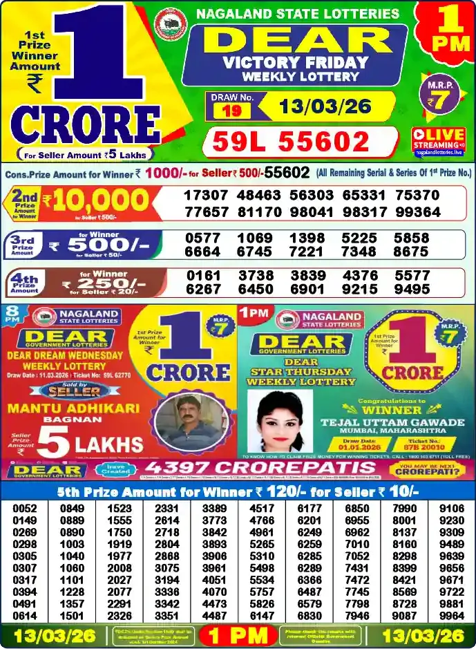 Lottery Sambad 1 PM result 13 Mar 2026