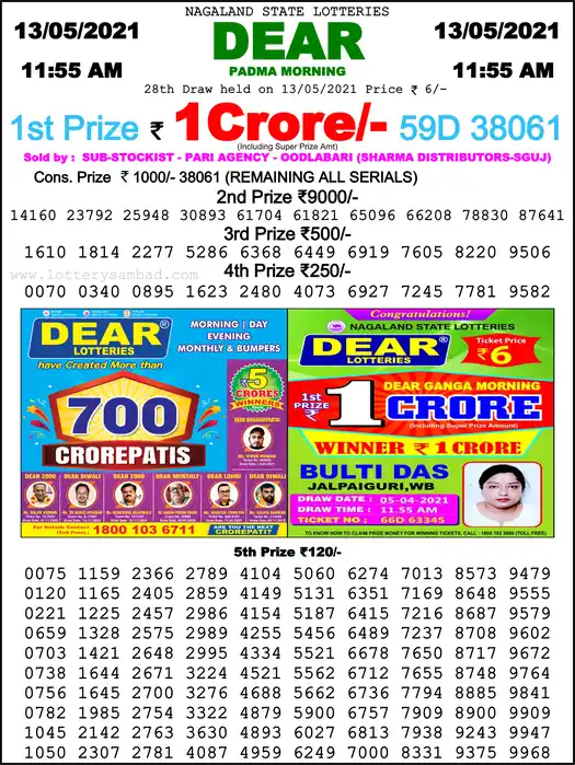 Lottery Sambad 1 PM result 13 May 2021