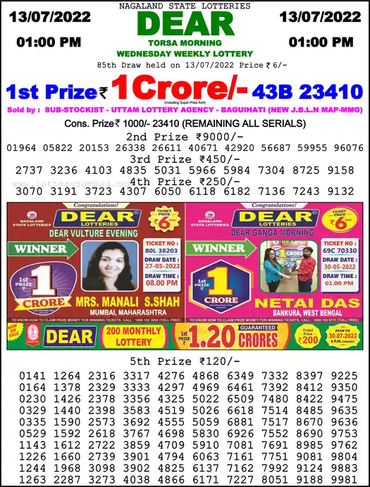 Lottery Sambad 1 PM result 13 Jul 2022