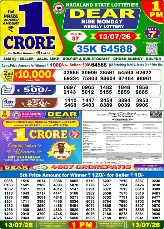 Lottery Sambad 1 PM result 13 Jul 2026