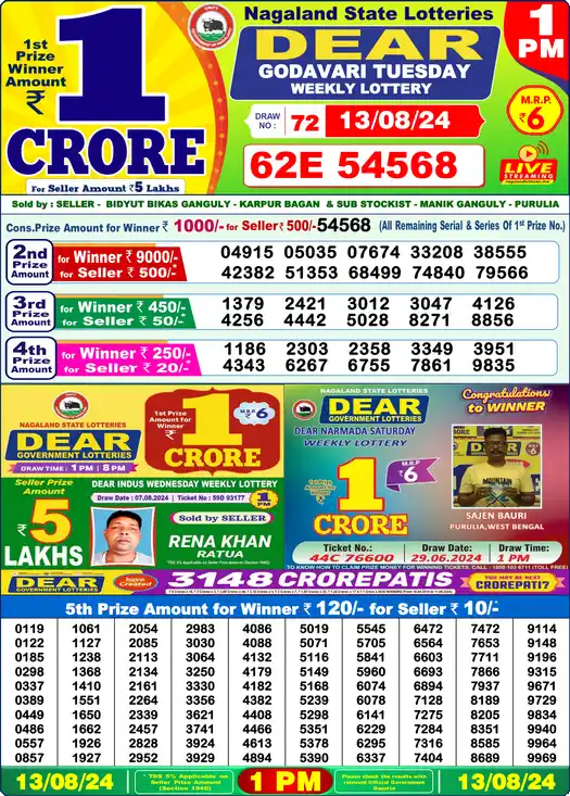 Lottery Sambad 1 PM result 13 Aug 2024