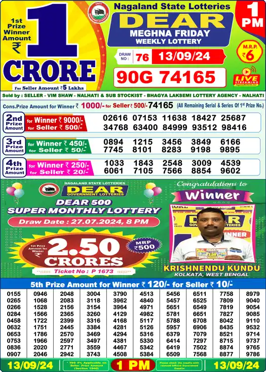 Lottery Sambad 1 PM result 13 Sep 2024