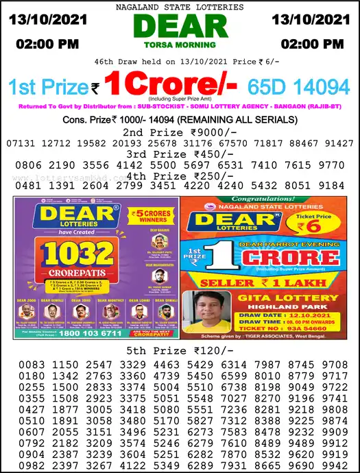 Lottery Sambad 1 PM result 13 Oct 2021