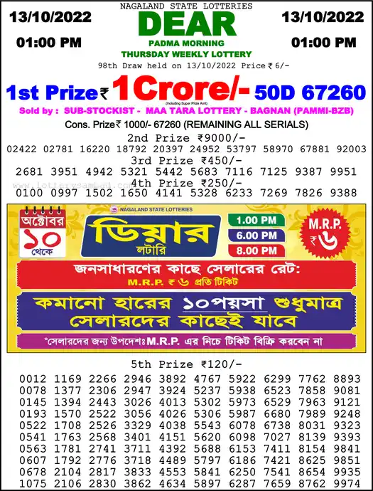 Lottery Sambad 1 PM result 13 Oct 2022