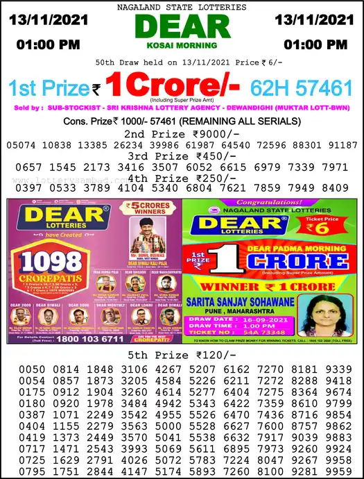 Lottery Sambad 1 PM result 13 Nov 2021