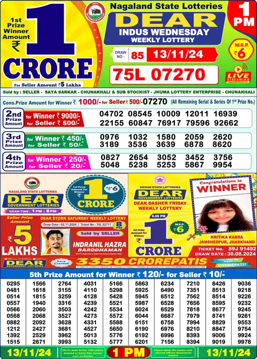 Lottery Sambad 1 PM result 13 Nov 2024