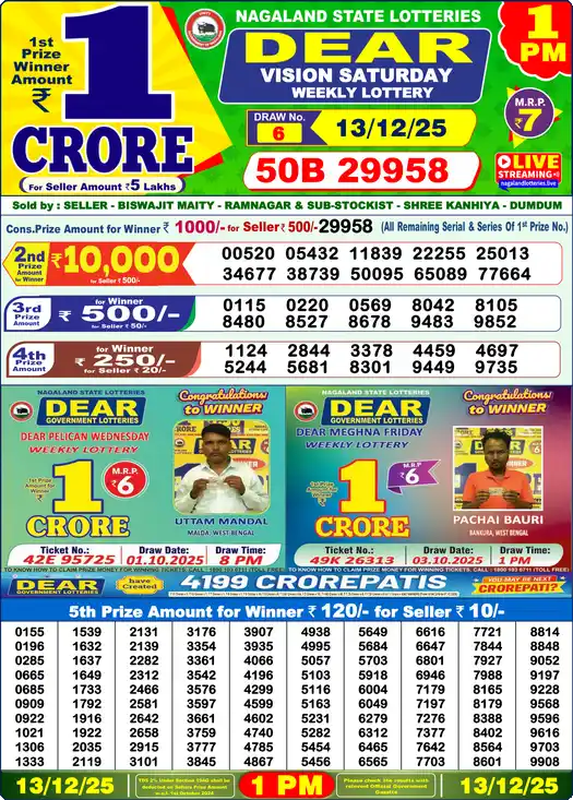 Lottery Sambad 1 PM result 13 Dec 2025