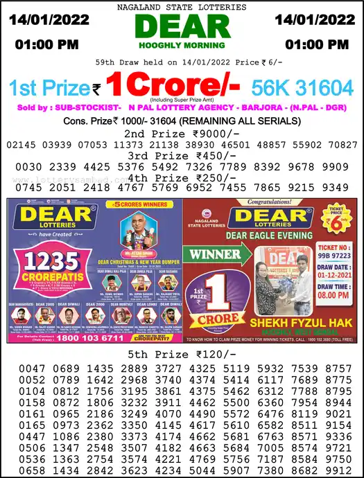 Lottery Sambad 1 PM result 14 Jan 2022
