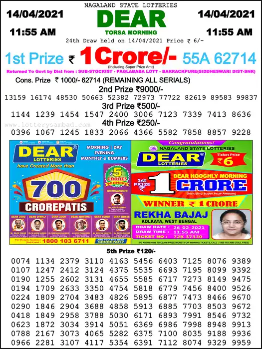 Lottery Sambad 1 PM result 14 Apr 2021