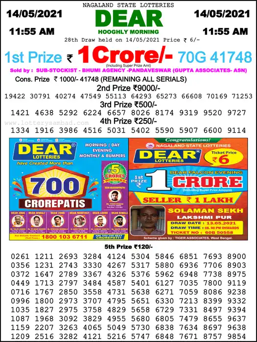 Lottery Sambad 1 PM result 14 May 2021