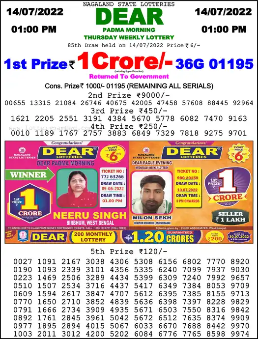 Lottery Sambad 1 PM result 14 Jul 2022