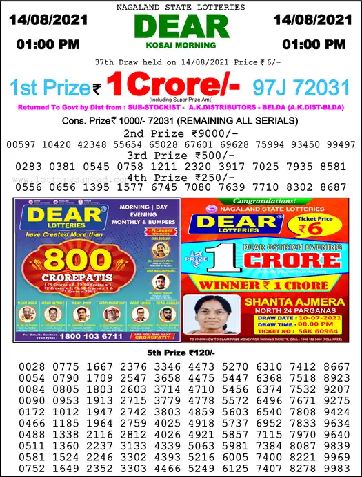 Lottery Sambad 1 PM result 14 Aug 2021