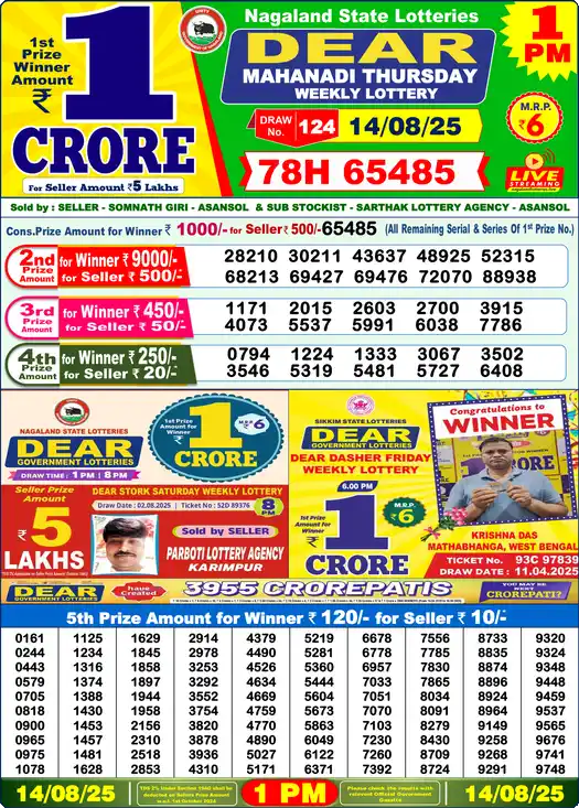 Lottery Sambad 1 PM result 14 Aug 2025