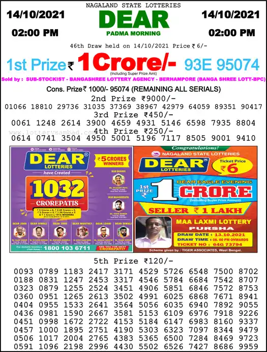 Lottery Sambad 1 PM result 14 Oct 2021