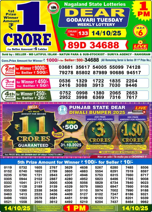 Lottery Sambad 1 PM result 14 Oct 2025