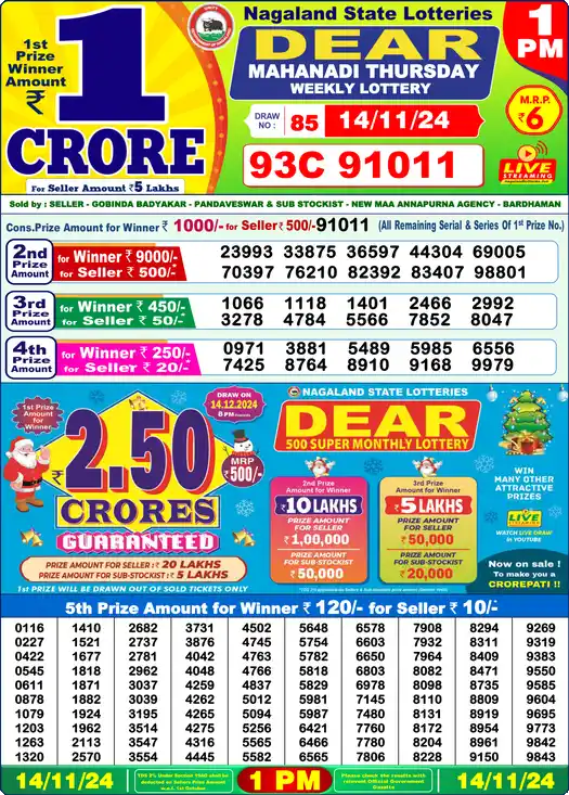 Lottery Sambad 1 PM result 14 Nov 2024