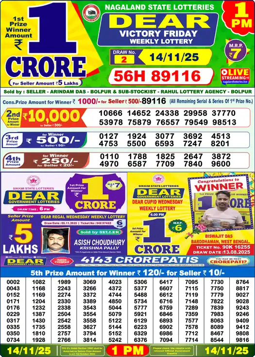 Lottery Sambad 1 PM result 14 Nov 2025