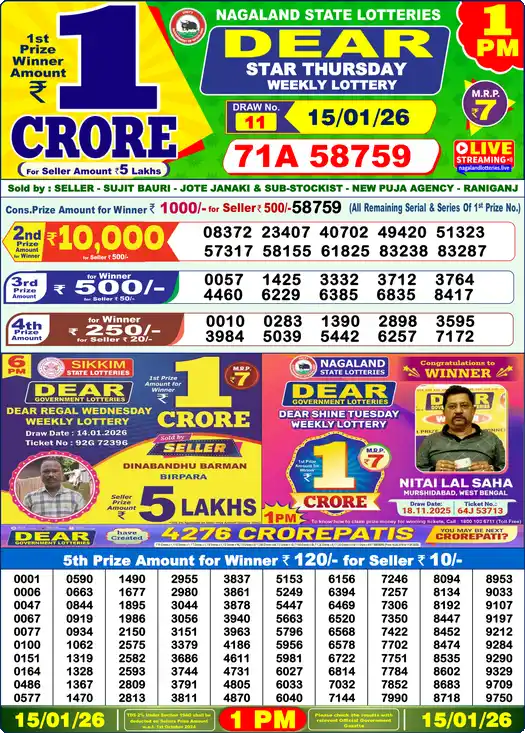 Lottery Sambad 1 PM result 15 Jan 2026