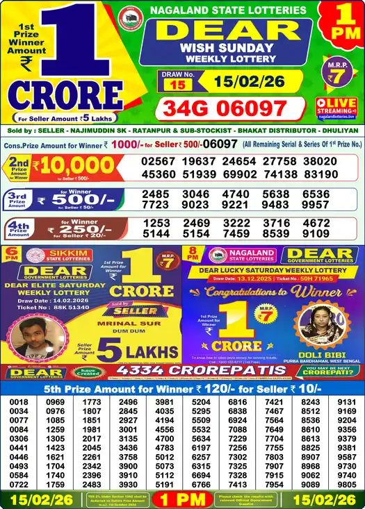 Lottery Sambad 1 PM result 15 Feb 2026