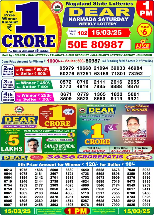 Lottery Sambad 1 PM result 15 Mar 2025