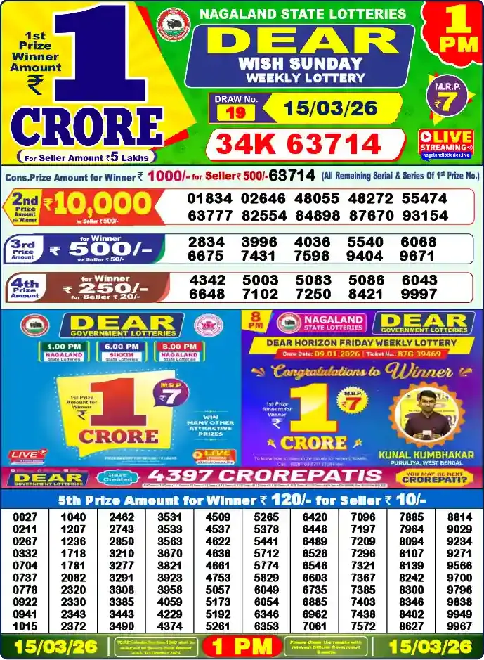 Lottery Sambad 1 PM result 15 Mar 2026