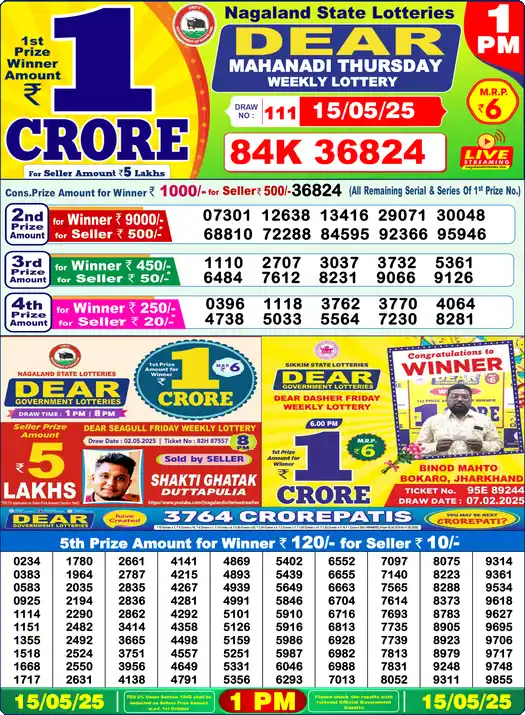 Lottery Sambad 1 PM result 15 May 2025
