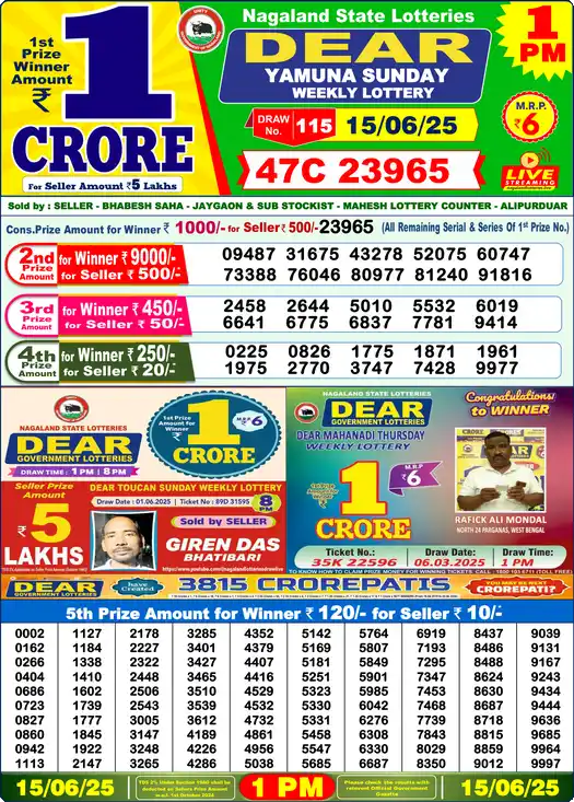 Lottery Sambad 1 PM result 15 Jun 2025