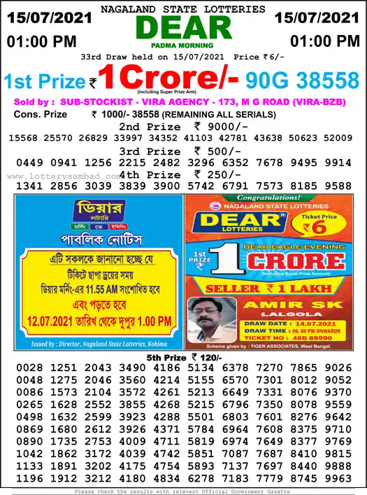 Lottery Sambad 1 PM result 15 Jul 2021