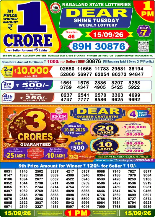 Lottery Sambad Today 1:00 PM Result 15 September 2026