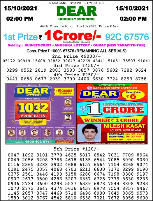Lottery Sambad 1 PM result 15 Oct 2021